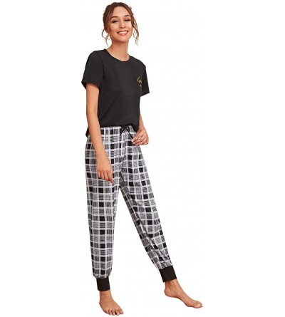 Sets Women's Letter Print Tee and Plaid Pants Pajama Set Sleepwear - Black Plaid - CJ195SQO6RN $21.32