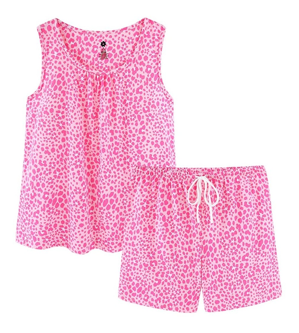 Sets Women's Cute Cotton Pajama Set Cartoon Tank Tee Shorts Sleepwear Summer Plus Size Stripe Shoties - Pink Leopard - CL1908...