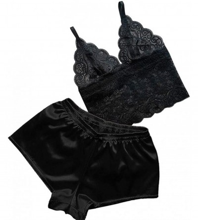 Sets Bra for Women Undersleep Sexy Satin Lace V Neck Camisole Bowknot Shorts Set Sleepwear Pajamas Lingerie Tops Black - C519...