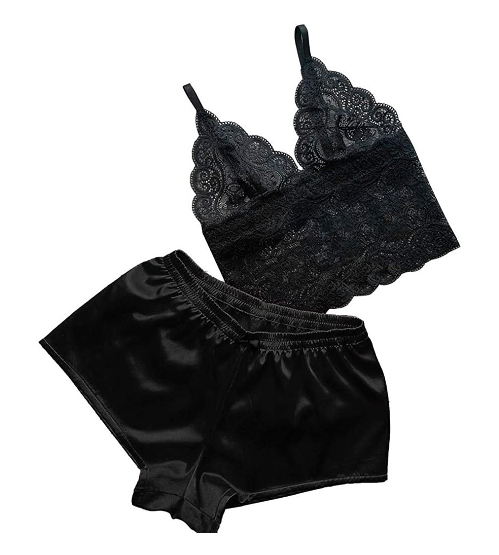 Sets Bra for Women Undersleep Sexy Satin Lace V Neck Camisole Bowknot Shorts Set Sleepwear Pajamas Lingerie Tops Black - C519...