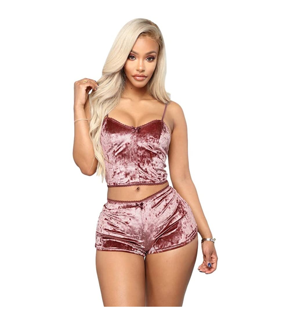 Sets Women's Sexy Velvet 2 Piece Outfit Strap Bow Sleeveless Top and Shorts Pajama Set - Pink - C718XURTIXT $21.50