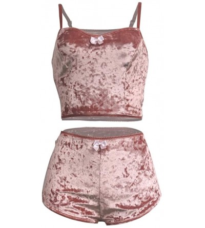Sets Women's Sexy Velvet 2 Piece Outfit Strap Bow Sleeveless Top and Shorts Pajama Set - Pink - C718XURTIXT $21.50