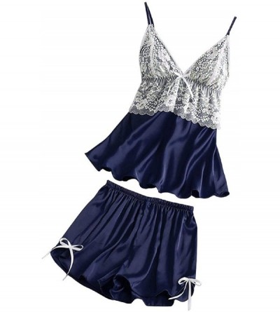Sets Women's Satin Pajama Cami Set Silky Lace Nightwear 2 Piece Lingerie Short Sleepwear - Lace Patchwork - Navy - CP1948EU0E...