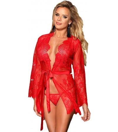 Nightgowns & Sleepshirts Plus Size Women's Sheer Lace Kimono Little Robe Lingerie with Flowers - Red-1 - CI190U86WUN $18.71