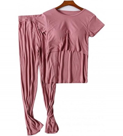 Sets Womens Causal Nurisng Pajamas/pjs Modal Maternity Breastfeeding Sleepwear Summer Short Sleeves Shirts Sets Deep Pink - C...