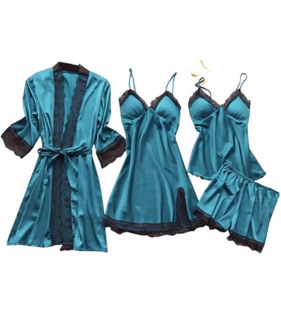 Nightgowns & Sleepshirts Women's 3Pcs Lingerie Satin Lace Chemise Nightgown Nightdress Pajama Set - Blue - C91949W8IQM $21.21