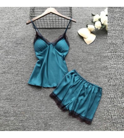 Nightgowns & Sleepshirts Women's 3Pcs Lingerie Satin Lace Chemise Nightgown Nightdress Pajama Set - Blue - C91949W8IQM $21.21