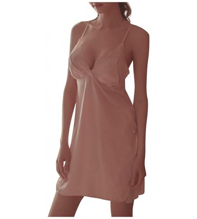 Robes Nightgowns for Women Satin Chemise Slip Sleepwear Nightshirt Sexy Lace V Neck Spaghetti Strap - Pink - CA197730KXY $13.98