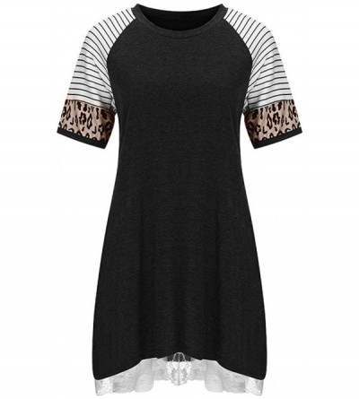 Thermal Underwear Women's Lace Splice Leopard Print Blouse Summer Short Sleeve A-Line Flowy T-Shirt Tops - Black - CF197K29UT...