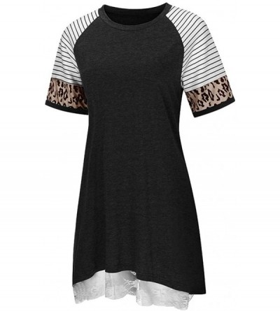 Thermal Underwear Women's Lace Splice Leopard Print Blouse Summer Short Sleeve A-Line Flowy T-Shirt Tops - Black - CF197K29UT...