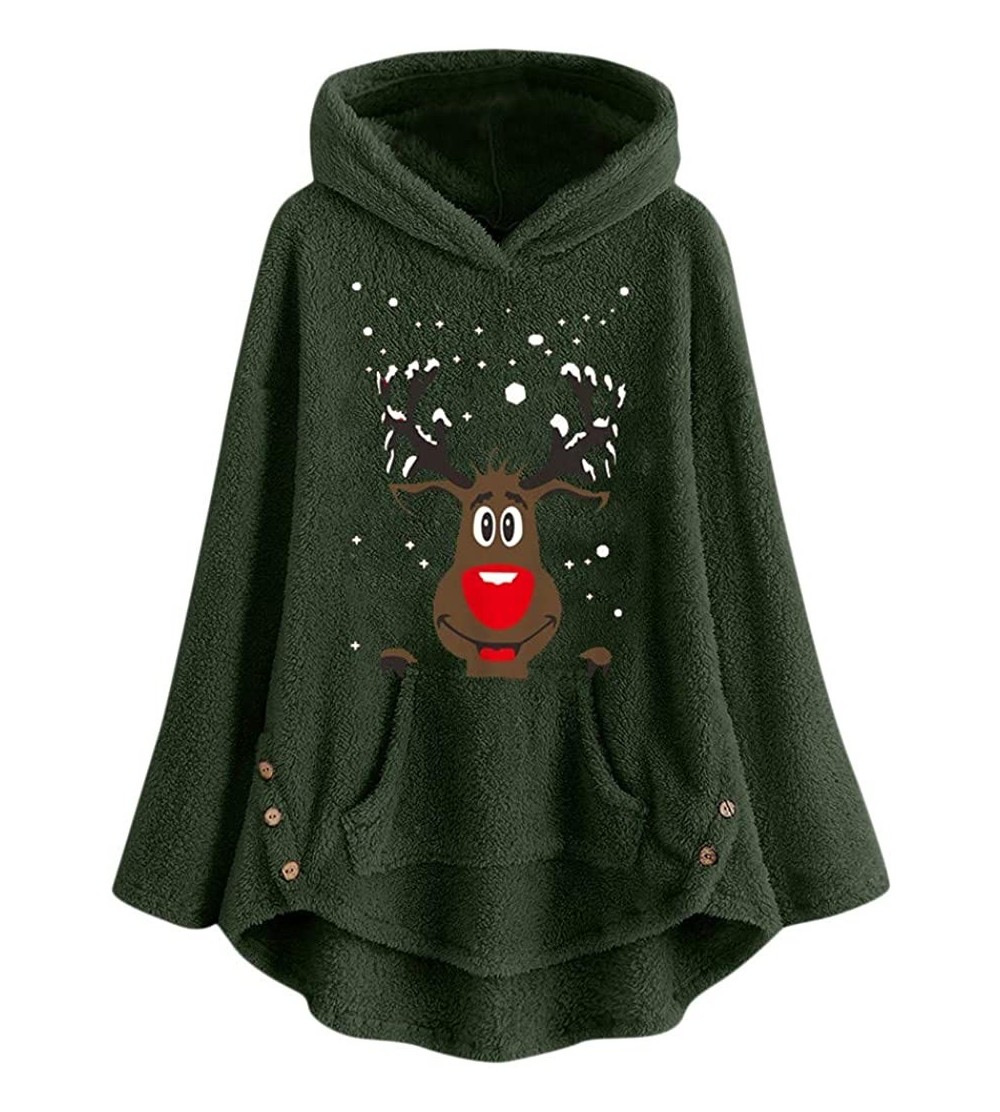 Bras Womens Fuzzy Fleece Hooded Sweatshirt Christmas Elk Print Plus Size Warm Hoodie Button Blouse Top - Green - CQ192I077WW ...