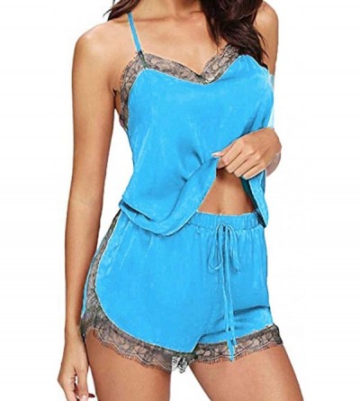 Thermal Underwear Women's Pajamas Sleeveless Lace Trim Satin Camisole Set - Blue - C0198AUDM40 $10.19