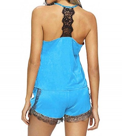 Thermal Underwear Women's Pajamas Sleeveless Lace Trim Satin Camisole Set - Blue - C0198AUDM40 $10.19