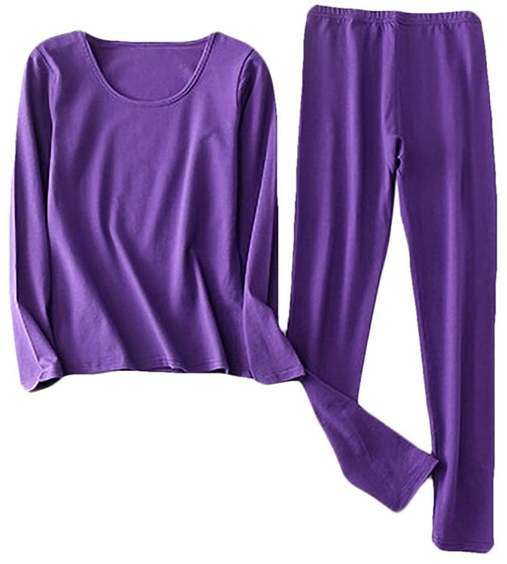 Thermal Underwear Thin Thermal Underwear Set Long Underwear Pants Crew Neck Top with Pants - Purple - CN18AXEL2YU $23.96