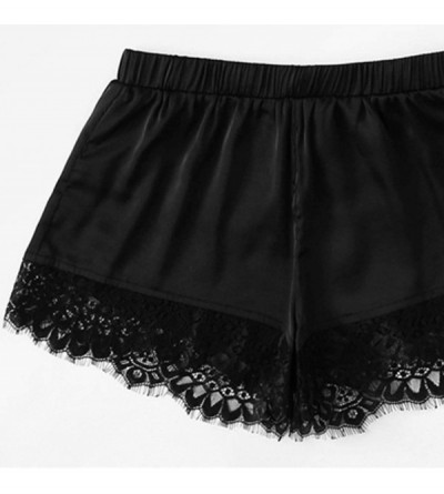 Sets Women's Lace Trim Satin Sleepwear Sexy Silk Lingerie Straps Bralette Panty Set Cami Top & Shorts Pajama Set - Black-plus...