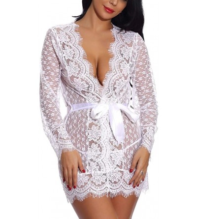 Nightgowns & Sleepshirts Women's Nightdress Sexy Lace Lingerie Solid Belt Sleepwear V-Neck Nightgown - White - CS1902YGEXZ $2...
