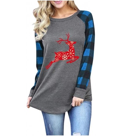 Baby Dolls & Chemises Women's Long Sleeve Buffalo Plaid T-Shirt Tops Christmas Reindeer Print Bottoming Blouse Pullover - Blu...
