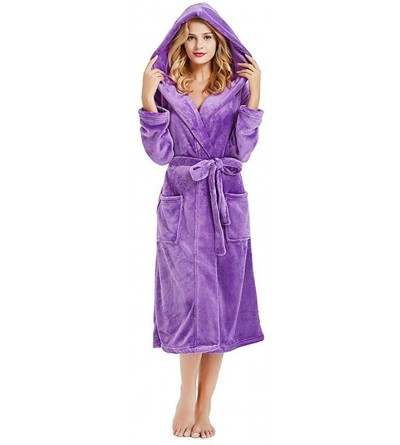 Robes Women's Hooded Bathrobe Large Size Long Sleeve Homewear Kimono Long Robe for Women - Purple - CG18MGH988Y $20.01