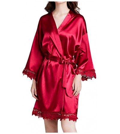 Robes Womens Robe Satin Silk Short Bathrobe Sleepwear Dressing Gown Pajama Nightwear - Red - CF197Q7U3K9 $28.29