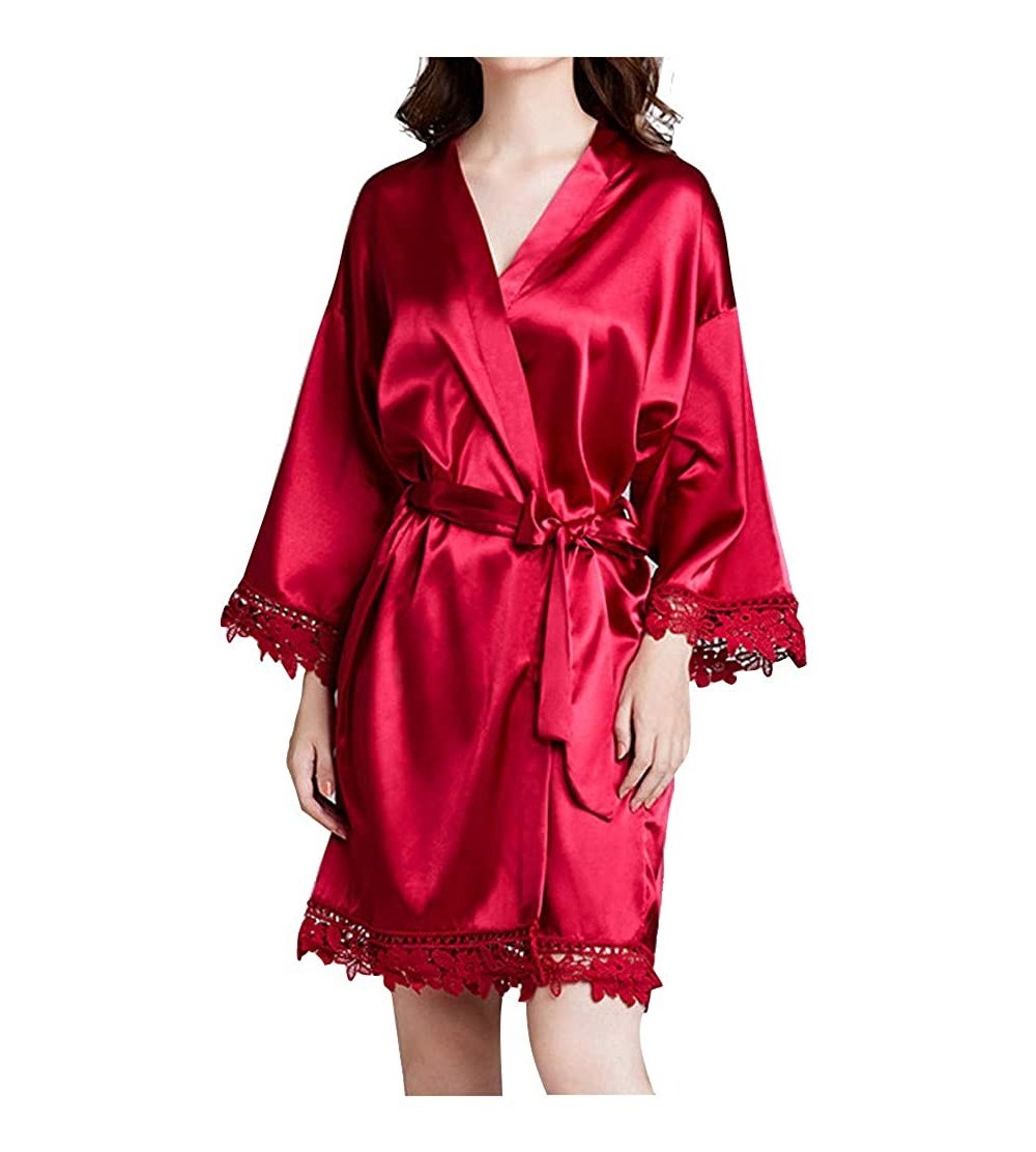 Robes Womens Robe Satin Silk Short Bathrobe Sleepwear Dressing Gown Pajama Nightwear - Red - CF197Q7U3K9 $28.29