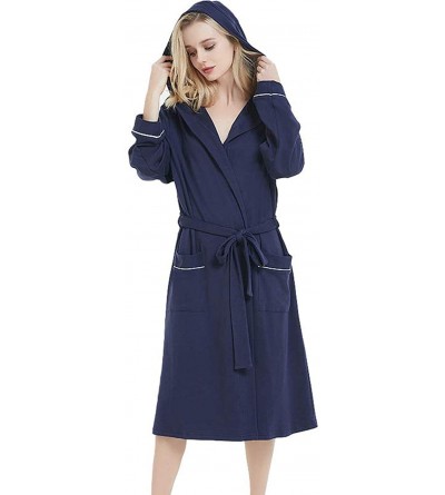 Robes Women's Cotton Robe Lightweight Knee Length Long Sleeve Hooded Kimono SPA Bathrobe - Dark Blue - C118TA7TR65 $23.09