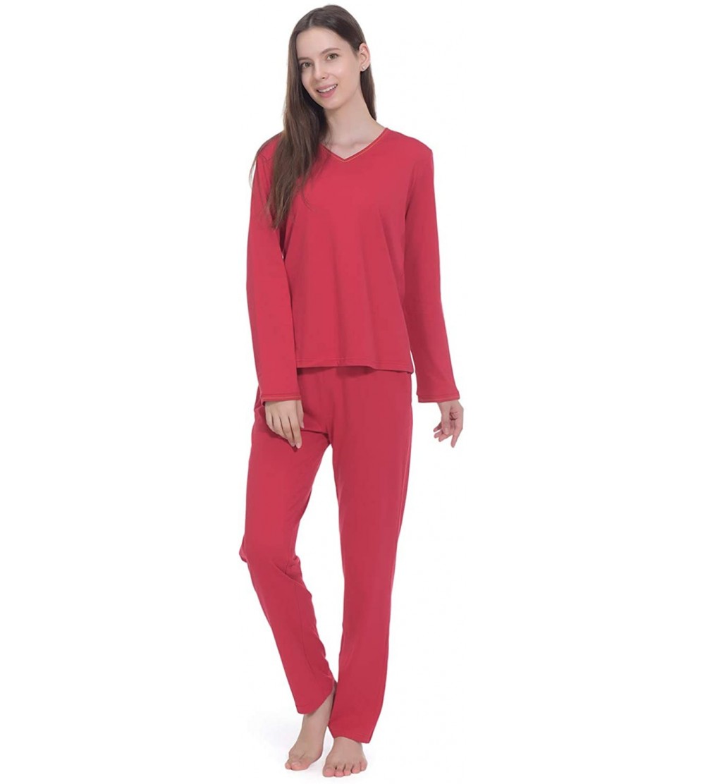 Sets Women's Pajama Set V Neck Long Sleeve Top and Pants Sleepwear Pjs Sets- Size - Red - CK18YS256IW $21.32