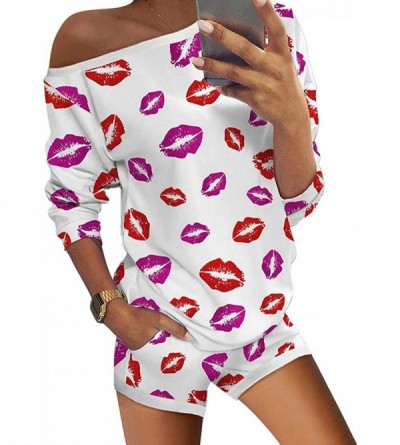 Sets Women's Pajama Sets Short/Long Sleeve Tee and Pants Set Loungewear Sleepwear - 303_lip Print - C2199I942DL $27.62