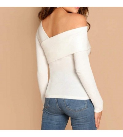 Thermal Underwear Off The Shoulder Tops for Women Fashion Solid Long Sleeve Foldover Asymmetrical V-Neck Shirt Casual Tops - ...