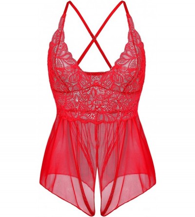 Baby Dolls & Chemises Lace Sheer Teddy Lingerie for Women Sexy Mesh One Piece Bodysuit Nighties - Red - CY18S6X6U28 $35.15