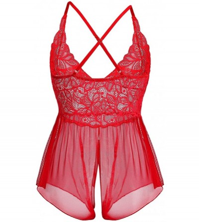 Baby Dolls & Chemises Lace Sheer Teddy Lingerie for Women Sexy Mesh One Piece Bodysuit Nighties - Red - CY18S6X6U28 $17.79