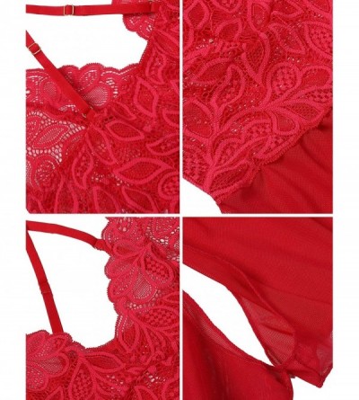 Baby Dolls & Chemises Lace Sheer Teddy Lingerie for Women Sexy Mesh One Piece Bodysuit Nighties - Red - CY18S6X6U28 $17.79