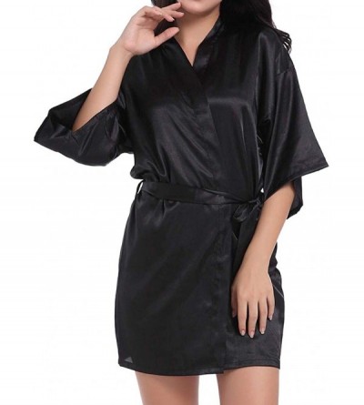 Robes Women Satin Robe Sexy V-Neck Pure Color Silky Kimono Bathrobe Nightgown Sleepwear - Black - CJ194TDZO80 $16.59