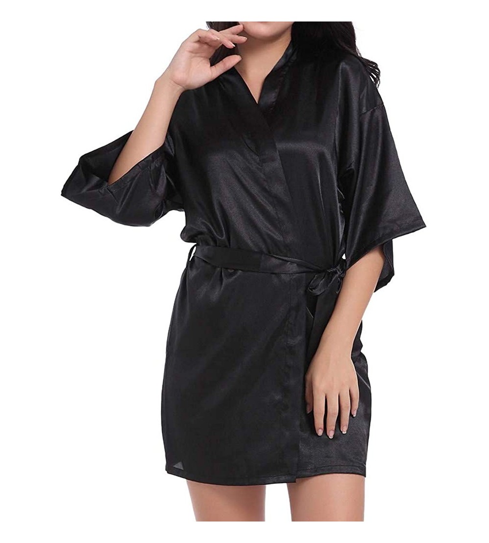 Robes Women Satin Robe Sexy V-Neck Pure Color Silky Kimono Bathrobe Nightgown Sleepwear - Black - CJ194TDZO80 $16.59