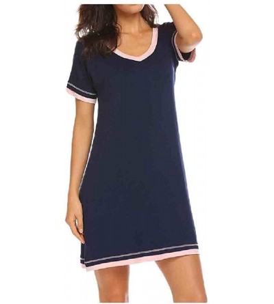 Nightgowns & Sleepshirts Women's Short Sleeves Round Neck Daily Cozy Stitching Color Sleepwear - Navy Blue - C31900YNHC7 $48.56