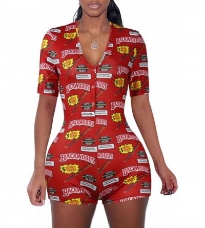Sets Women's Shorts One Piece Bodycon Bodysuit Pajamas Rompers Onesies Women - Backwoods Red - C8197ZDN7RN $15.78