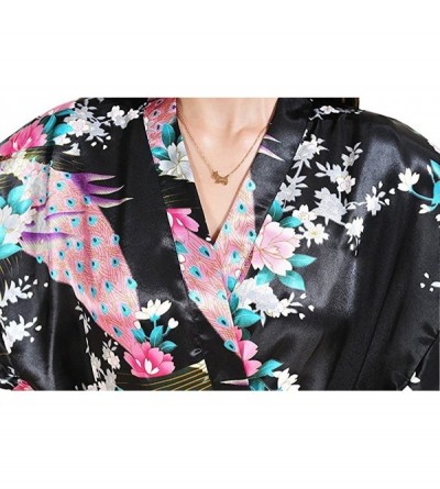 Robes Women Long Kimono Robe Peacock Satin Nightwear Peacock &Blossoms Pattern with Pocket - Black - CL183KDADRZ $20.23