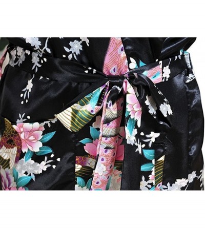 Robes Women Long Kimono Robe Peacock Satin Nightwear Peacock &Blossoms Pattern with Pocket - Black - CL183KDADRZ $20.23
