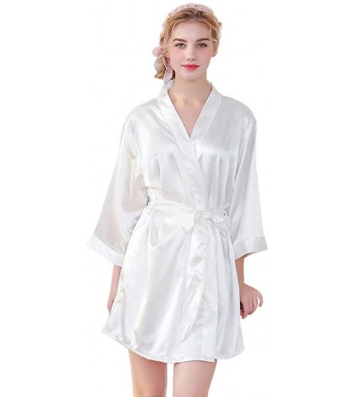 Robes Women's Pure Colour Short Satin Kimono Robes with Oblique V-Neck Bride - White - CO18U7AUZXL $23.52
