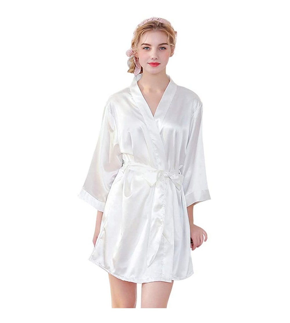 Robes Women's Pure Colour Short Satin Kimono Robes with Oblique V-Neck Bride - White - CO18U7AUZXL $23.52