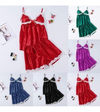 Sets Women Lingerie Satin Pajamas Set Lace Strap Camisole Ss Set Sleepwear Alalaso - Red - C718SMNY5G6 $8.04