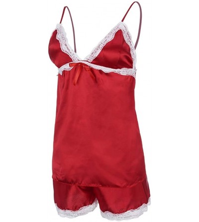 Sets Women Lingerie Satin Pajamas Set Lace Strap Camisole Ss Set Sleepwear Alalaso - Red - C718SMNY5G6 $8.04