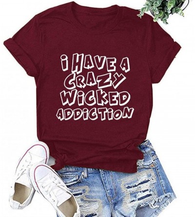 Tops Women Casual Letter Printing Blouse Loose Short Sleeves O-Neck T-Shirt Ladies Tunic Tops - Wine - CD1979TC3WI $17.29
