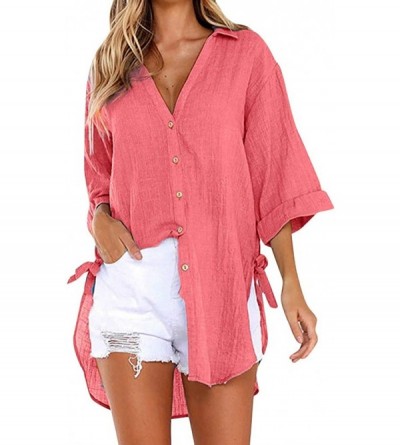 Thermal Underwear Women's Casual Button Dress Shirt Cotton Loose V-Neck Tunic Blouse Tops - Hot Pink - CI196045S5W $16.77