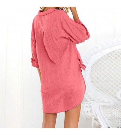 Thermal Underwear Women's Casual Button Dress Shirt Cotton Loose V-Neck Tunic Blouse Tops - Hot Pink - CI196045S5W $16.77