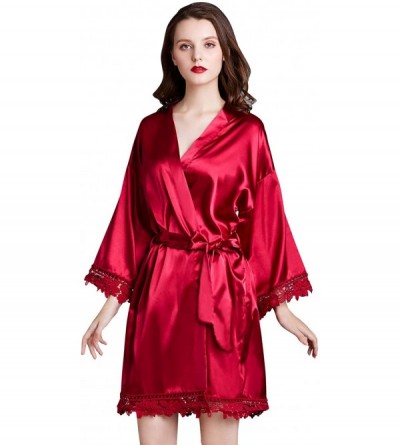 Robes Women's Bathrobe Dressing Gown Kimono Satin Bridesmaid Wedding Nightwear Sleepwear Pyjamas Bride Party - Red - C3197RQO...