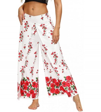 Bottoms Women's Boho Palazzo Slit Wide Leg Yoga Pants Summer Beach Bohemian Hippie Pants - White Floral - CS19D3EYR97 $23.71
