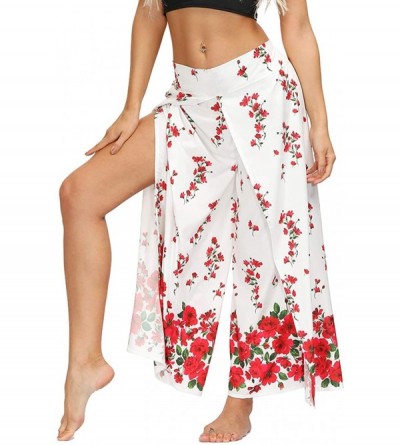 Bottoms Women's Boho Palazzo Slit Wide Leg Yoga Pants Summer Beach Bohemian Hippie Pants - White Floral - CS19D3EYR97 $23.71