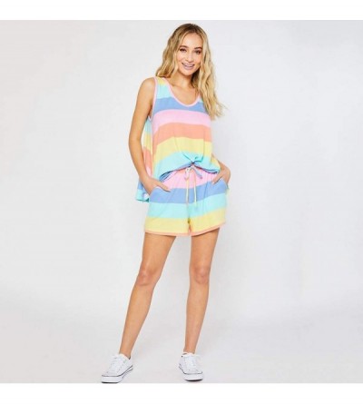 Sets Women's Casual Rainbow Stripe Sleepwear O Neck Sleeveless Tank Top and Drawstring Shorts Pajamas Set - Pink - CF198AZC5H...