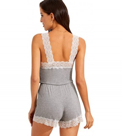Sets Women Sexy Contrast Lace Sleepwear V Neck Sleeveless Romper Modal Pajamas Nightwear Jumpsuit - Grey - CY196QYI8ZZ $14.48