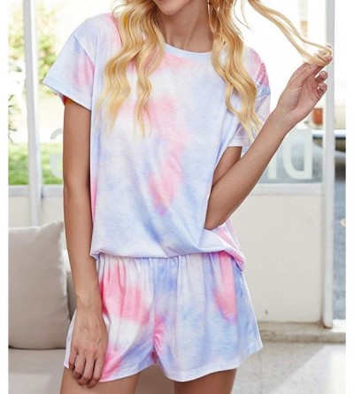 Sets Women's Summer Star Print Short Sleeve Top and Shorts Pajama Set - Pink Blue - CJ199ZT67SL $16.44
